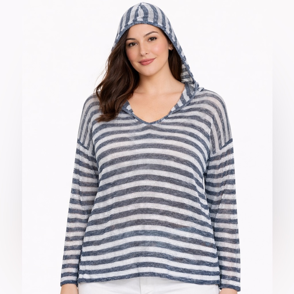 Ann Taylor LOFT Linen Blend Striped Hoodie Sweater
